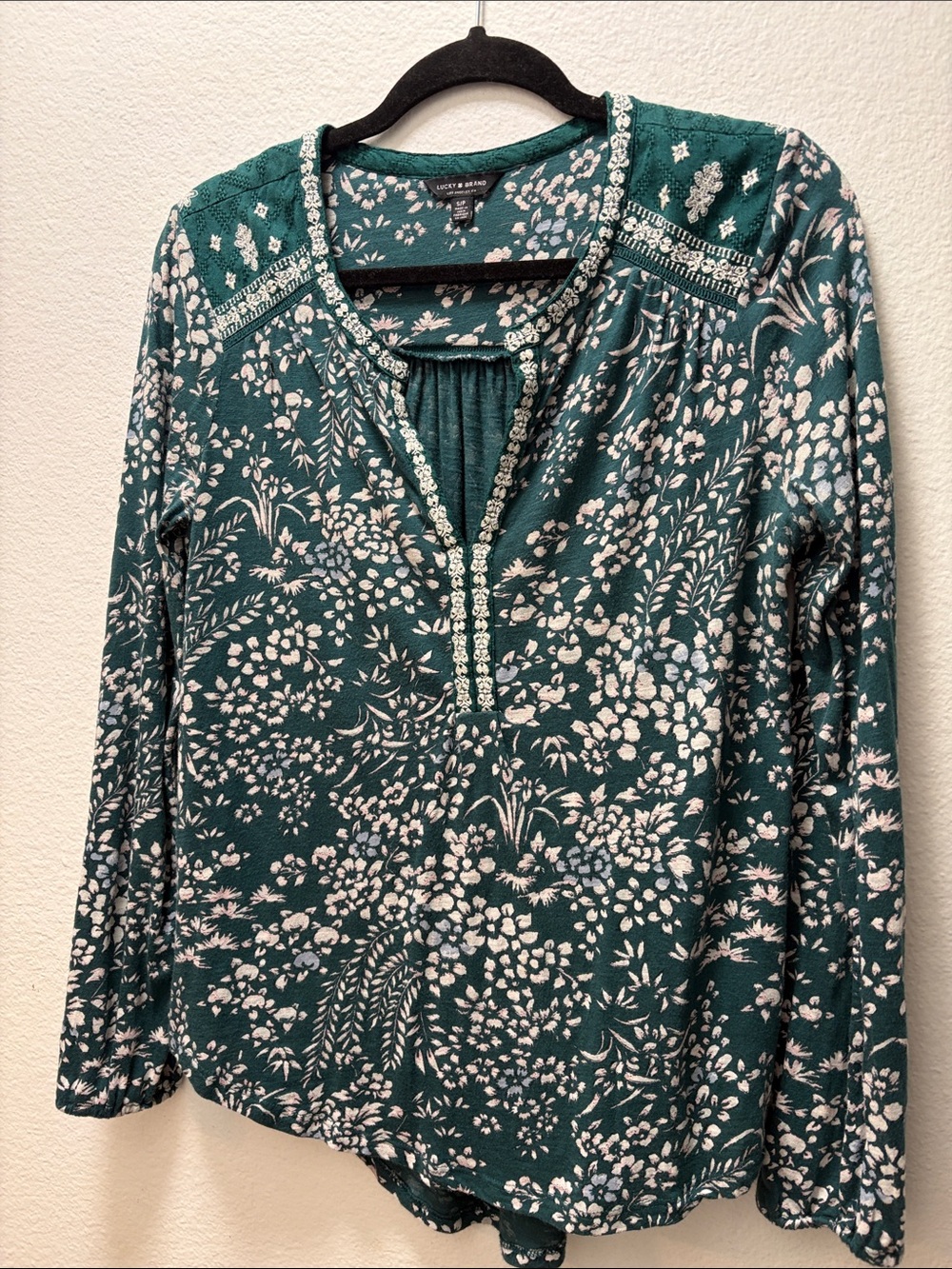 Lucky Brand Teal Floral Split-Neck Blouse